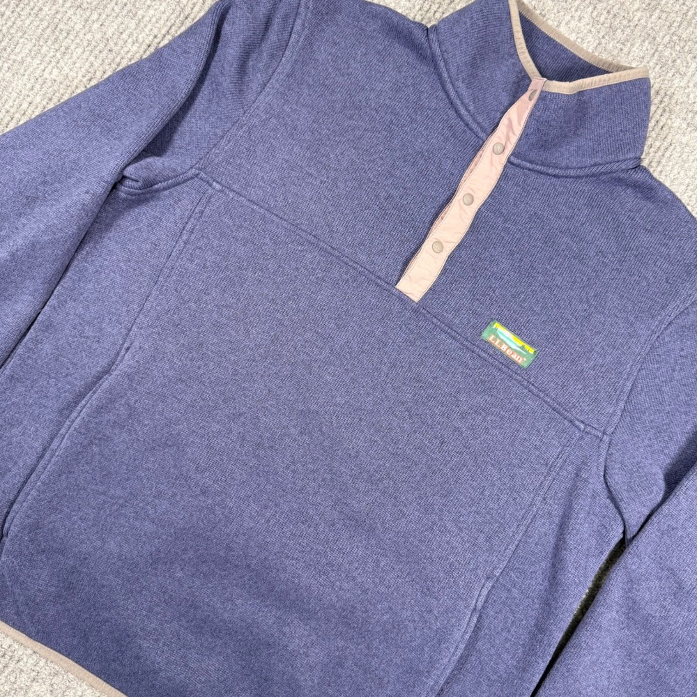 LL Bean Mens Sweater Fleece Pullover Blue Snap Neck Medium Reg Slightly Fitted